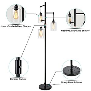 Airposta Industrial Floor Lamp with On/Off Dimmable Switch, 3-Head Rustic Tree Standing Lamp, Edison Bulb 40W Retro Tall Glass Floor Light for Living Room, Reading, Office, Bedroom, Black