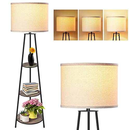 Floor Lamp, 3-Tier Round Corner Shelf Floor Lamp with 3 Dimmable Levels - Simple Standing Lamp with White Fabric Shade, Tall Modern Floor Lamps with Shelves for Bedroom, Living Room and Office