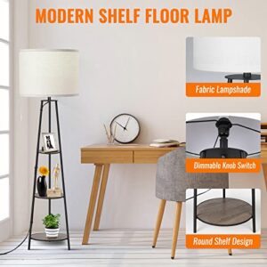 Floor Lamp, 3-Tier Round Corner Shelf Floor Lamp with 3 Dimmable Levels - Simple Standing Lamp with White Fabric Shade, Tall Modern Floor Lamps with Shelves for Bedroom, Living Room and Office