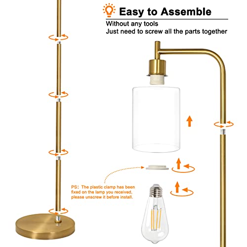 Gold Industrial Floor Lamp, Elizabeth Vintage Standing Lamp with E26 Light Bulb & Hanging Clear Glass Shade, Noble Tall Pole Floor Lamp with Foot Switch for Bedroom Living Room Office Bedside Reading