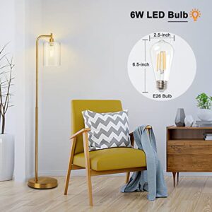 Gold Industrial Floor Lamp, Elizabeth Vintage Standing Lamp with E26 Light Bulb & Hanging Clear Glass Shade, Noble Tall Pole Floor Lamp with Foot Switch for Bedroom Living Room Office Bedside Reading