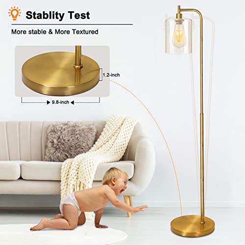 Gold Industrial Floor Lamp, Elizabeth Vintage Standing Lamp with E26 Light Bulb & Hanging Clear Glass Shade, Noble Tall Pole Floor Lamp with Foot Switch for Bedroom Living Room Office Bedside Reading