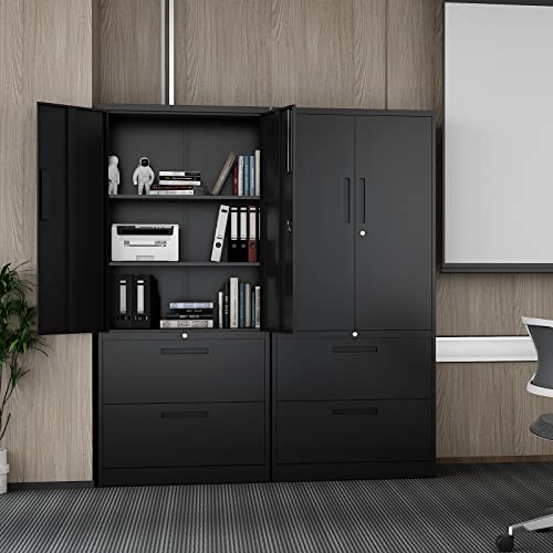 PEUKC 2-Drawer Metal File Cabinet, Lateral Vertical Filing Cabinets for Home Office, Locking File Cabinet with Storage Shelves, Legal/Letter/A4 Size Offcie File Cabinet, (Black, Assemble Required)