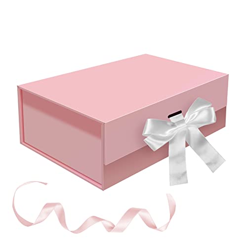 BoShahai Pink Magnetic Gift Boxes, 12x8x4 Inches Foldable Gift Box with Ribbon, Large Luxury Gift Packaging with Magnetic Closure for Parties, Weddings, Bridesmaid Proposal, Storage