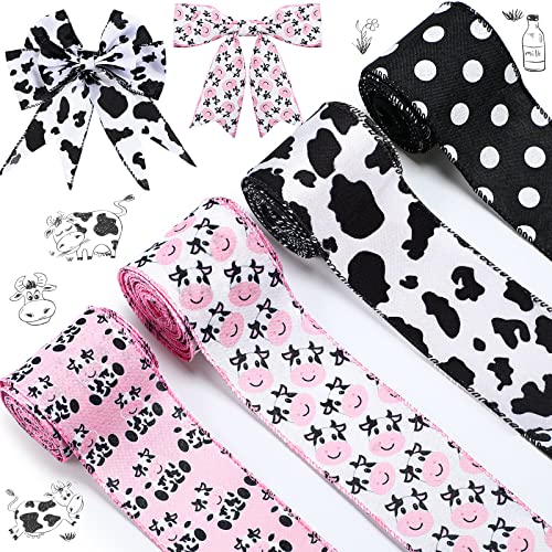 4 Rolls Cow Print Burlap Ribbons Wired Edge Black and White Striped Dot Wrapping Ribbons Pink Strawberry Cow Ribbons for DIY Crafts, Gift Decoration, Home Decor, Party Favor - 2.5 Inch by 24 Yard