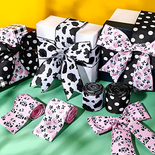 4 Rolls Cow Print Burlap Ribbons Wired Edge Black and White Striped Dot Wrapping Ribbons Pink Strawberry Cow Ribbons for DIY Crafts, Gift Decoration, Home Decor, Party Favor - 2.5 Inch by 24 Yard