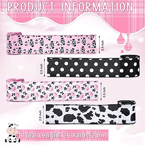 4 Rolls Cow Print Burlap Ribbons Wired Edge Black and White Striped Dot Wrapping Ribbons Pink Strawberry Cow Ribbons for DIY Crafts, Gift Decoration, Home Decor, Party Favor - 2.5 Inch by 24 Yard