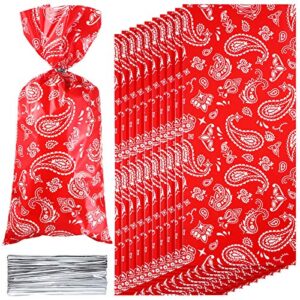 blulu 100 pieces western bandana cellophane bags red bandana print cello treat bags cookie candy bags with 100 pieces silver twist ties for western cowboy theme party favor