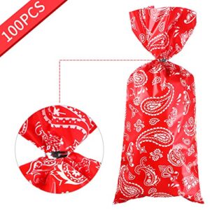 Blulu 100 Pieces Western Bandana Cellophane Bags Red Bandana Print Cello Treat Bags Cookie Candy Bags with 100 Pieces Silver Twist Ties for Western Cowboy Theme Party Favor