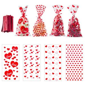 biubee 160 pieces valentine cellophane bags- 4 assorted styles valentines favor treat gift goodie cello bags clear with 160pcs twist ties for valentines party supplies candy cookies