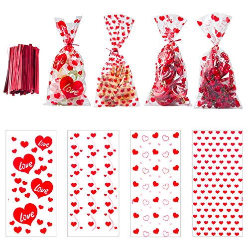 Biubee 160 Pieces Valentine Cellophane Bags- 4 Assorted Styles Valentines Favor Treat Gift Goodie Cello Bags Clear with 160pcs Twist Ties for Valentines Party Supplies Candy Cookies