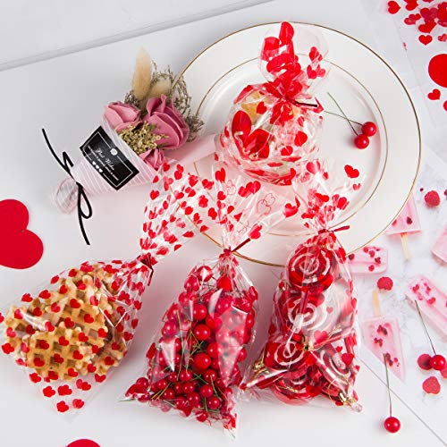 Biubee 160 Pieces Valentine Cellophane Bags- 4 Assorted Styles Valentines Favor Treat Gift Goodie Cello Bags Clear with 160pcs Twist Ties for Valentines Party Supplies Candy Cookies