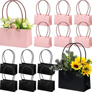 teling 12 pcs kraft paper flower gift bags bouquet bags with handle waterproof bouquet gift box empty bouquet bags for flowers rectangle packaging wrap bags for mother’s day graduation (black, pink)