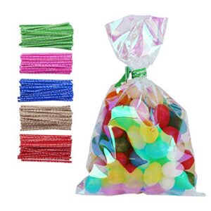 100 pack iridescent holographic cellophane party favor treat bags with 5 colors twist ties good for themed celebrations baby showers weddings girls birthday party supplies (3″ x 5″)