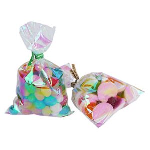 100 Pack Iridescent Holographic Cellophane Party Favor Treat Bags with 5 Colors Twist Ties Good for Themed Celebrations Baby Showers Weddings Girls Birthday Party Supplies (3" x 5")