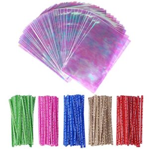 100 Pack Iridescent Holographic Cellophane Party Favor Treat Bags with 5 Colors Twist Ties Good for Themed Celebrations Baby Showers Weddings Girls Birthday Party Supplies (3" x 5")