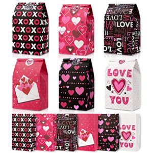 whaline 48pcs valentine’s day paper gift bags bulk hearts love paper party favor bags with stickers pink black goodie candy bags for wedding anniversary snack cookie wrapping supplies