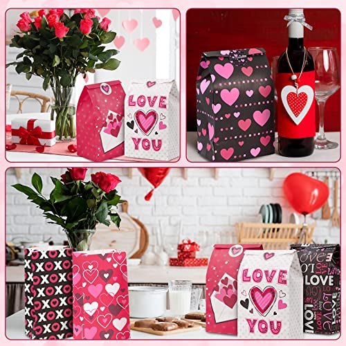 Whaline 48Pcs Valentine's Day Paper Gift Bags Bulk Hearts Love Paper Party Favor Bags with Stickers Pink Black Goodie Candy Bags for Wedding Anniversary Snack Cookie Wrapping Supplies