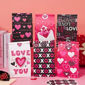 Whaline 48Pcs Valentine's Day Paper Gift Bags Bulk Hearts Love Paper Party Favor Bags with Stickers Pink Black Goodie Candy Bags for Wedding Anniversary Snack Cookie Wrapping Supplies