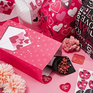 Whaline 48Pcs Valentine's Day Paper Gift Bags Bulk Hearts Love Paper Party Favor Bags with Stickers Pink Black Goodie Candy Bags for Wedding Anniversary Snack Cookie Wrapping Supplies