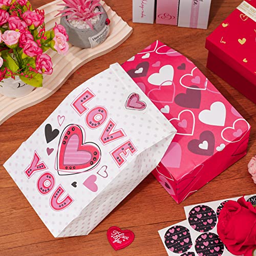 Whaline 48Pcs Valentine's Day Paper Gift Bags Bulk Hearts Love Paper Party Favor Bags with Stickers Pink Black Goodie Candy Bags for Wedding Anniversary Snack Cookie Wrapping Supplies