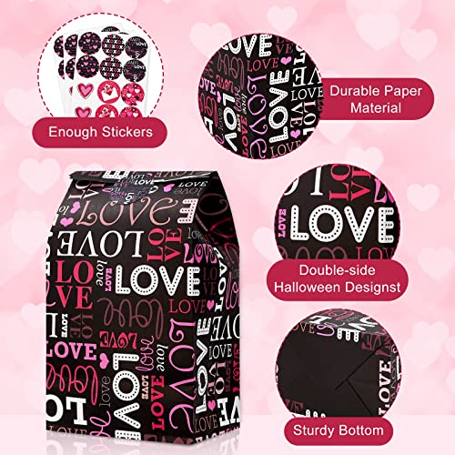 Whaline 48Pcs Valentine's Day Paper Gift Bags Bulk Hearts Love Paper Party Favor Bags with Stickers Pink Black Goodie Candy Bags for Wedding Anniversary Snack Cookie Wrapping Supplies