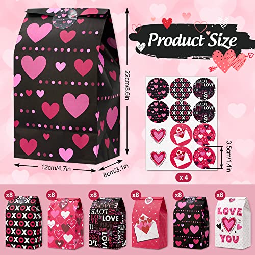 Whaline 48Pcs Valentine's Day Paper Gift Bags Bulk Hearts Love Paper Party Favor Bags with Stickers Pink Black Goodie Candy Bags for Wedding Anniversary Snack Cookie Wrapping Supplies