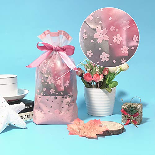 SumDirect 50 Pcs 6x9 Inch Pink Plastic Drawstring Gift Bags, Cherry Blossom Party Favor Treat Bags with Satin Drawstring