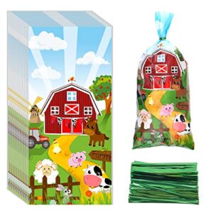 100 pieces farm animal cellophane bags farmhouse party treat bag cow sheep pig printed candy goodie bags with 100 twist ties for birthday baby shower party favors chocolate snacks cookies packaging