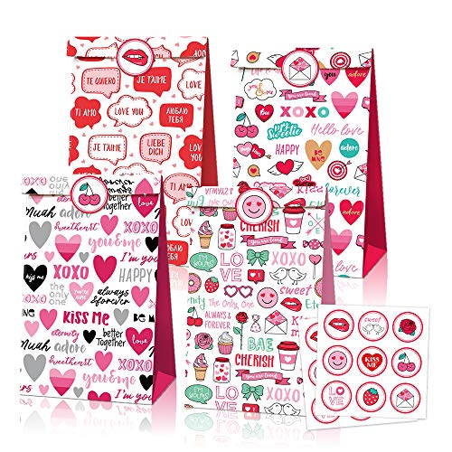 12pcs Valentine’s Day Gift Bags, Goodie Bags, Valentine Candy Bags, Gift Bags for Lover, Treat Bags for Boyfriend, Girlfriend, Birthday Party Decor with 2 sheets of stickers