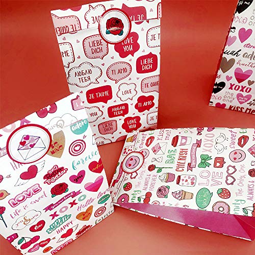 12pcs Valentine’s Day Gift Bags, Goodie Bags, Valentine Candy Bags, Gift Bags for Lover, Treat Bags for Boyfriend, Girlfriend, Birthday Party Decor with 2 sheets of stickers