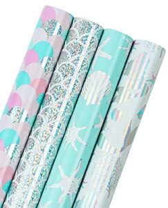 wrapaholic wrapping paper roll – mermaid scale and jellyfish design with colorful foil for birthday, holiday, baby shower – 4 rolls – 30 inch x 120 inch per roll