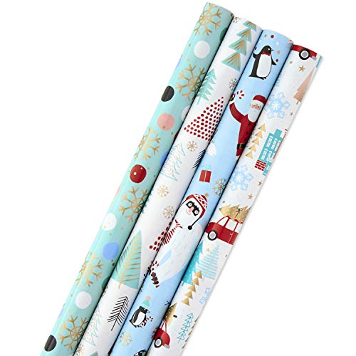 Hallmark Holiday Wrapping Paper Bundle with Cut Lines on Reverse, Quirky Christmas (Pack of 4, 120 sq. ft. ttl) Yeti, Santa, Penguin, Snowflakes, Blue, Gold