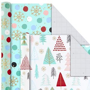 Hallmark Holiday Wrapping Paper Bundle with Cut Lines on Reverse, Quirky Christmas (Pack of 4, 120 sq. ft. ttl) Yeti, Santa, Penguin, Snowflakes, Blue, Gold