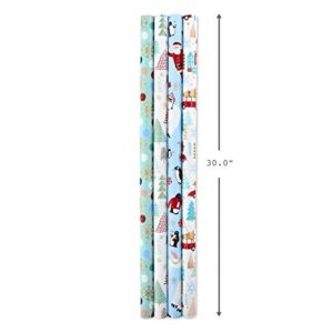 Hallmark Holiday Wrapping Paper Bundle with Cut Lines on Reverse, Quirky Christmas (Pack of 4, 120 sq. ft. ttl) Yeti, Santa, Penguin, Snowflakes, Blue, Gold