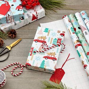 Hallmark Holiday Wrapping Paper Bundle with Cut Lines on Reverse, Quirky Christmas (Pack of 4, 120 sq. ft. ttl) Yeti, Santa, Penguin, Snowflakes, Blue, Gold