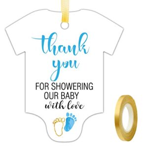 50 pcs thank you for showering our baby with love tags, cute blue little feet thank you tags, baby onesie shaped gift tags, baby shower favor tags, baby shower birthday party favor decorations.