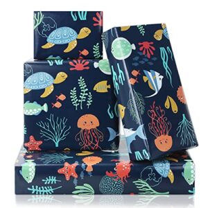 ocean themed birthday wrapping paper for kids girls boys, under the water animal coastal design gift wrap paper for birthday baby shower children’s day, 4 sheets folded flat 20×28 inches per sheet
