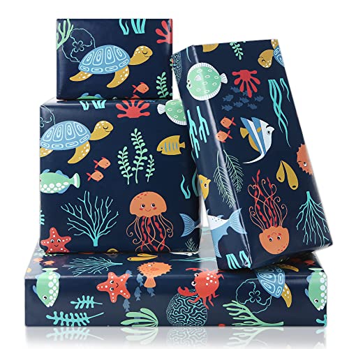 Ocean Themed Birthday Wrapping Paper For Kids Girls Boys, Under the Water Animal Coastal Design Gift Wrap Paper for Birthday Baby Shower Children's Day, 4 Sheets Folded Flat 20x28 Inches Per Sheet