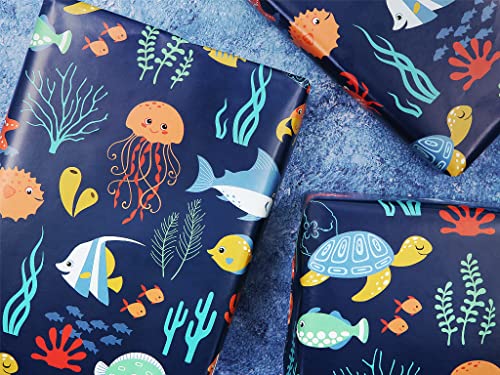 Ocean Themed Birthday Wrapping Paper For Kids Girls Boys, Under the Water Animal Coastal Design Gift Wrap Paper for Birthday Baby Shower Children's Day, 4 Sheets Folded Flat 20x28 Inches Per Sheet