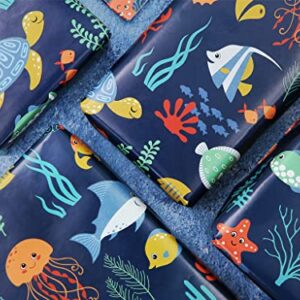 Ocean Themed Birthday Wrapping Paper For Kids Girls Boys, Under the Water Animal Coastal Design Gift Wrap Paper for Birthday Baby Shower Children's Day, 4 Sheets Folded Flat 20x28 Inches Per Sheet