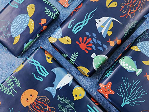 Ocean Themed Birthday Wrapping Paper For Kids Girls Boys, Under the Water Animal Coastal Design Gift Wrap Paper for Birthday Baby Shower Children's Day, 4 Sheets Folded Flat 20x28 Inches Per Sheet