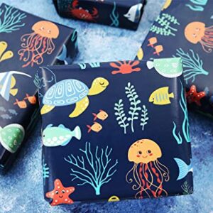 Ocean Themed Birthday Wrapping Paper For Kids Girls Boys, Under the Water Animal Coastal Design Gift Wrap Paper for Birthday Baby Shower Children's Day, 4 Sheets Folded Flat 20x28 Inches Per Sheet