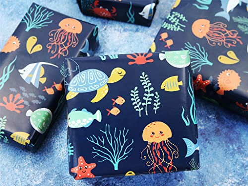 Ocean Themed Birthday Wrapping Paper For Kids Girls Boys, Under the Water Animal Coastal Design Gift Wrap Paper for Birthday Baby Shower Children's Day, 4 Sheets Folded Flat 20x28 Inches Per Sheet