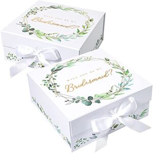 brigel bridesmaid proposal box set of 3, 3 will you be my bridesmaid proposal boxes for bridesmaid gifts, leaf-patterned white box with gold-foiled text, magnetic closure, and a white ribbon
