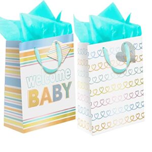 ye giving gift bags for baby shower with tissue, 10″x5″x13″ baby gift bags pack of 2 designs. gift bag set for new baby, includes tissue paper and tags.