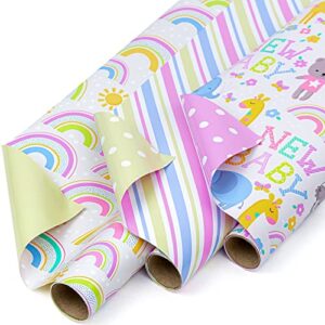 wrapaholic reversible baby shower wrapping paper – mini roll – 3 rolls – 17 inch x 120 inch per roll – solid green, polka dot, stripes, rainbows, cute animals & new baby lettering