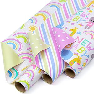 WRAPAHOLIC Reversible Baby Shower Wrapping Paper - Mini Roll - 3 Rolls - 17 Inch X 120 Inch Per Roll - Solid Green, Polka Dot, Stripes, Rainbows, Cute Animals & New Baby Lettering