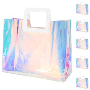 whaline 5pcs large holographic gift bags 12.8 x 11.6 x 5.7 inch iridescent clear reusable tote pvc gift wrap handbags waterproof shopping bags for wedding birthday baby shower party supplies