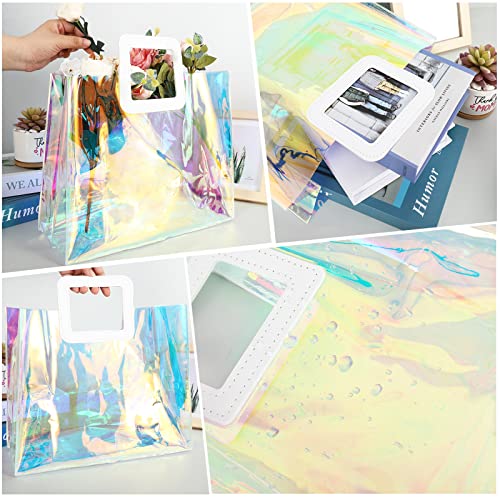 Whaline 5Pcs Large Holographic Gift Bags 12.8 x 11.6 x 5.7 Inch Iridescent Clear Reusable Tote PVC Gift Wrap Handbags Waterproof Shopping Bags for Wedding Birthday Baby Shower Party Supplies